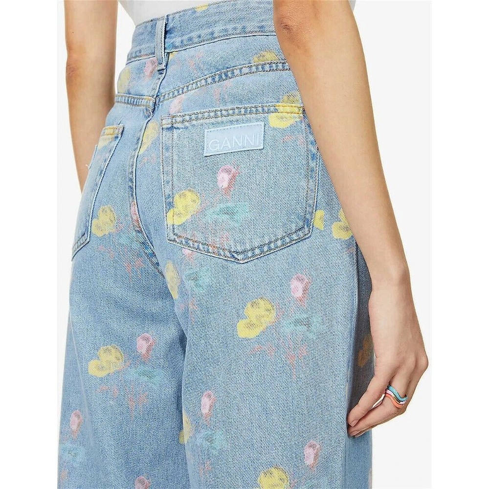 GANNI Floral Print Denim Core Magny Wide Straight Jeans Bleach Light Blue 25 - Picture 5 of 15